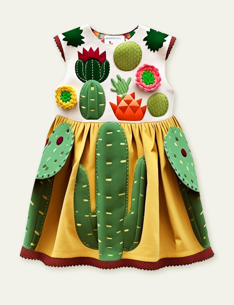 Clearance-Toddler Girl Giant Cactus Embroidered Sleeveless Dress