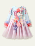 Toddler Kid Girl Flower Unicorn Embroidered Long Sleeves Lace Cuffs Princess Dress