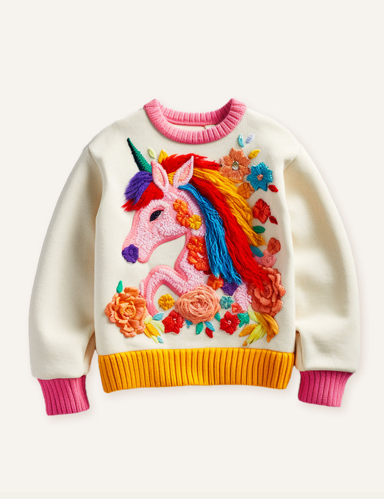 Toddler Kid Girl Embroidered Running Unicorn Crew Neck Pull Over Sweatshirt
