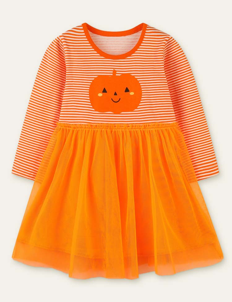 Pumpkin Printed Mesh Striped Long Sleeve Dress