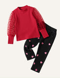 Spring and Autumn Girls' Bubble Net Yarn Sleeve round Neck Top + Heart Printing Open Bag Jeans