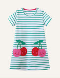 Cherry Embroidered Patch Short Sleeve Dress