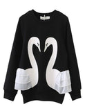 Spring and Autumn Cartoon Swan Print Solid Color round Neck Long Sleeve Sweater