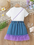 Mermaid T-shirt + Mesh Stitching Denim Skirt + Bag