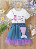 Mermaid T-shirt + Mesh Stitching Denim Skirt + Bag