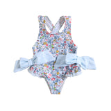 Summer girl's printed back cross double bow swimsuit