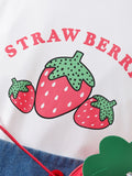 round Neck Printed Short T + Strawberry Printed Denim Shorts + Bag