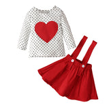 Girl's Valentine's Day Long-Sleeved Love T-shirt + Suspender Skirt