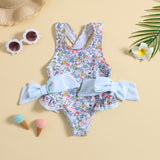 Summer girl's printed back cross double bow swimsuit