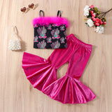 Girls' Sling Furry Top + Velvet Flared Pants Suit
