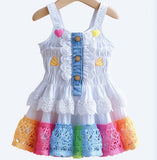Lucky sale-Girls White Spliced Denim Buttoned Suspender Dress