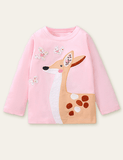 Cute Deer Appliqué Long Sleeve T-shirt