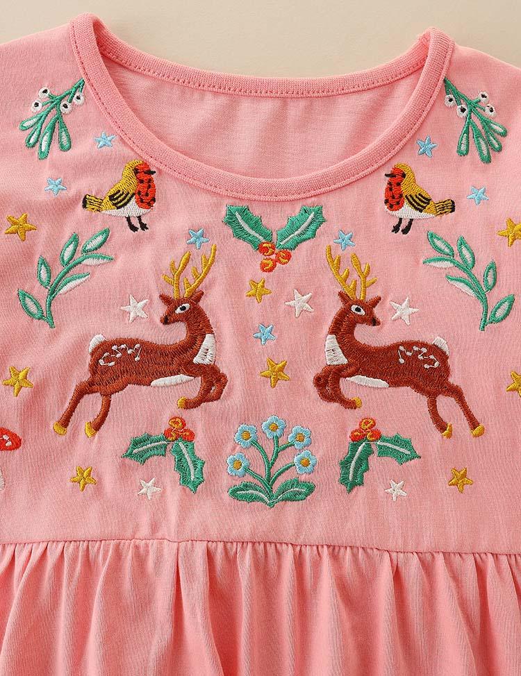 Deer Bird Embroidered Long Sleeve Dress - CCMOM