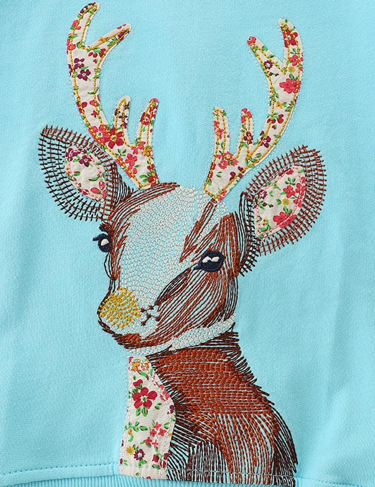 Floral Deer Appliqué Embroidered Sweatshirt - CCMOM