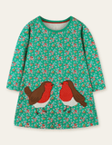 Floral Printed Bird Appliqué Dress - CCMOM