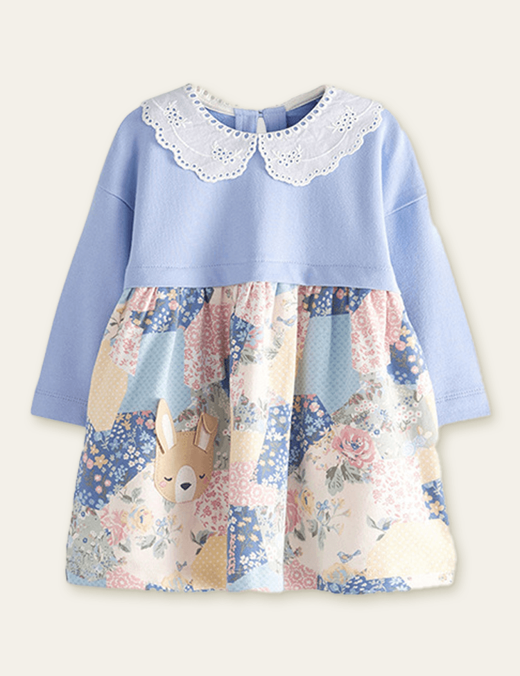 Floral Printed Rabbit Appliqué Dress - CCMOM
