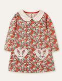Floral Printed Rabbit Appliqué Long Sleeve Dress