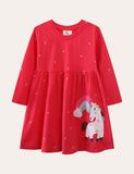 Girls' Unicorn Affixed Cloth Embroidered Long Sleeve Dress - CCMOM