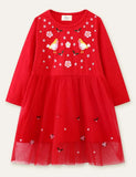 Toddler Bird Appliqué Flower Embroidered Long Sleeve Dress