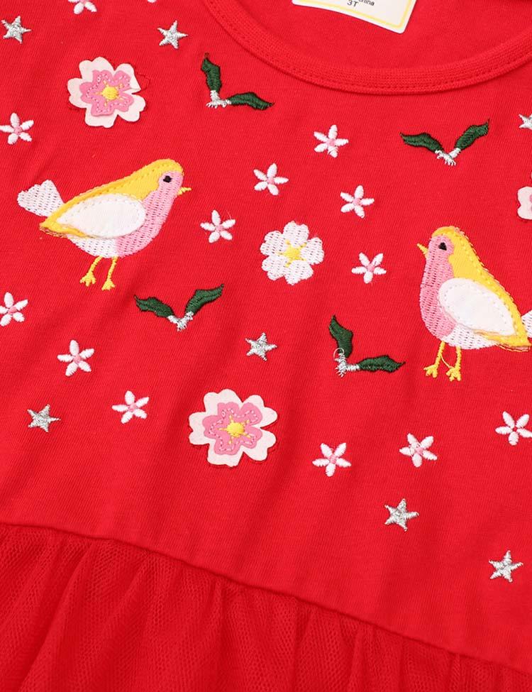 Toddler Bird Appliqué Flower Embroidered Long Sleeve Dress - CCMOM