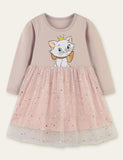 Toddler Girl Cat Print Long Sleeve Splicing Polka Dots Mesh Dress - CCMOM