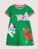 Toddler Girl Cute Cat Appliqu¨¦ Rainbow Cuffs Short Sleeves Dress