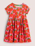 Toddler Girl Strawberry Full Printed Short Sleeves 100% Cotton Splice Dress - CCMOM