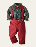 Toddler Kid Button Design Bowknot Plaid Shirt & Overalls Set - CCMOM