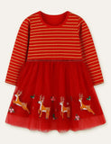 Toddler Kid Girl Deer Appliqué Flower Embroidered Mesh Long Sleeves Dress - CCMOM