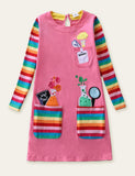 Toddler Scientist Embroidered Rainbow Appliqué Long Sleeve Dress - CCMOM
