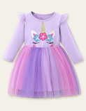 Toddler Unicorn Appliqué Rainbow Mesh Long Sleeves Princess Dress - CCMOM