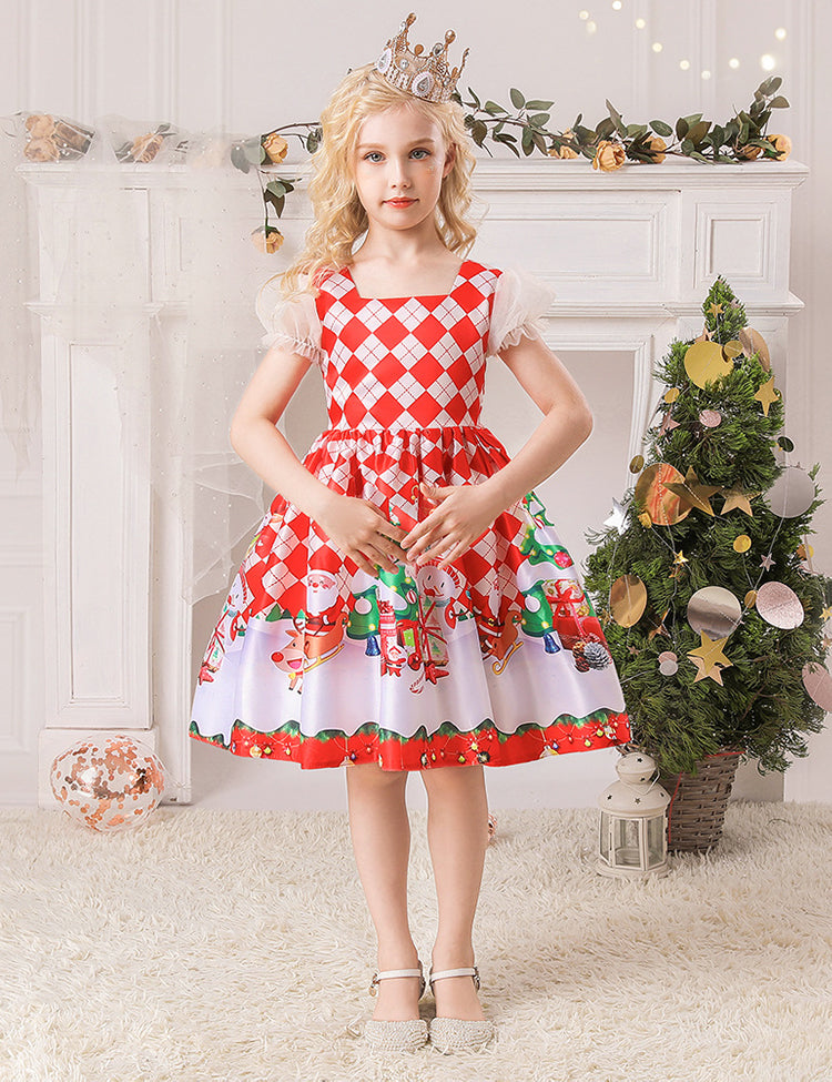 Toddler Santa Claus and Gift Printed Short Sleeves Party Dress