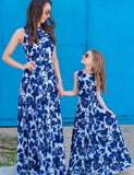 2Pcs Family Matching Porcelain Printed Long High Waist Sleeveless Dress For Mommy & Me - CCMOM