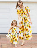 2Pcs Family Matching Sunflower Short Sleeves Midi Dress Sets