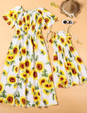 2Pcs Family Matching Sunflower Short Sleeves Midi Dress Sets - CCMOM