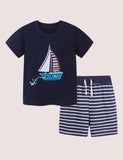 2pcs Toddler Boy Sailboat Embroidered Tee & Stripe Drawstring Shorts Set - CCMOM