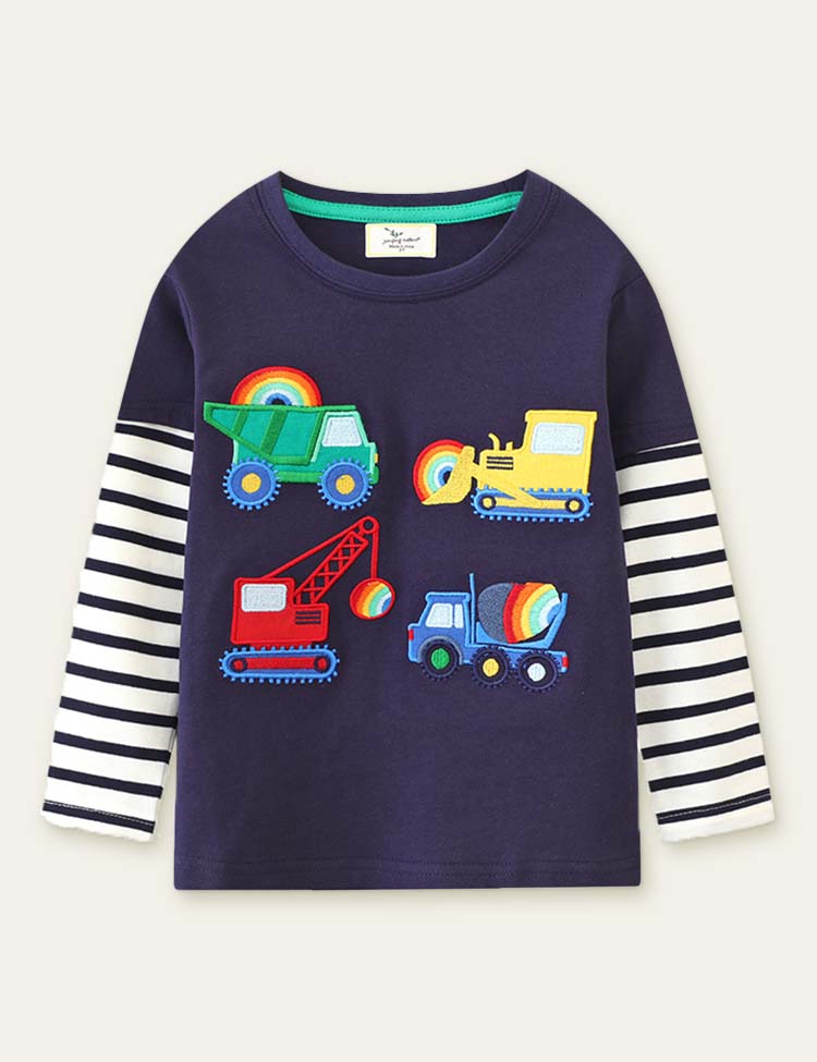Toddler Boy Excavator Rainbow Embroidered Long Sleeve T-shirt