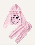 Girl's Hooded Sweatshirt Suit Smiley Sports Style Two-Piece Set