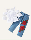 Girls' Cutout Sling Tops  Embroidered Jeans Suit