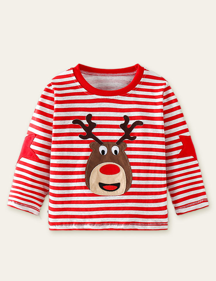 Toddler Christmas Elk Appliqué Striped Long Sleeve T-shirt