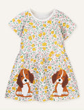 Puppy Animal Embroidered Patch Short Sleeve Dress