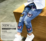 Children's Clothing Girls' Spring and Autumn Jeans Butterfly Ripped Baby Denim Trousers