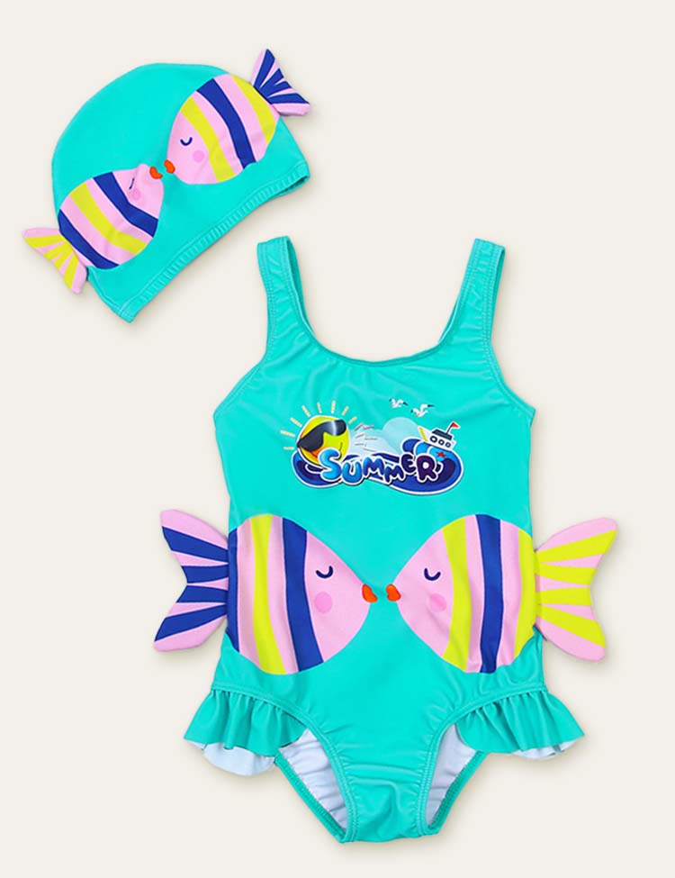 Fish Cute Printed Swimsuit + Swimming Cap