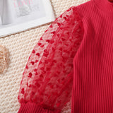 Spring and Autumn Girls' Bubble Net Yarn Sleeve round Neck Top + Heart Printing Open Bag Jeans