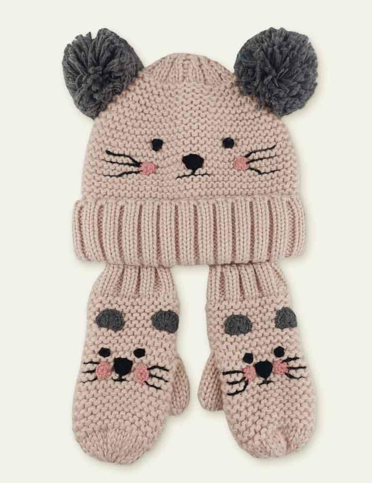Animal Embroidery Knitted Wool Hat Gloves Two-Piece Set - CCMOM