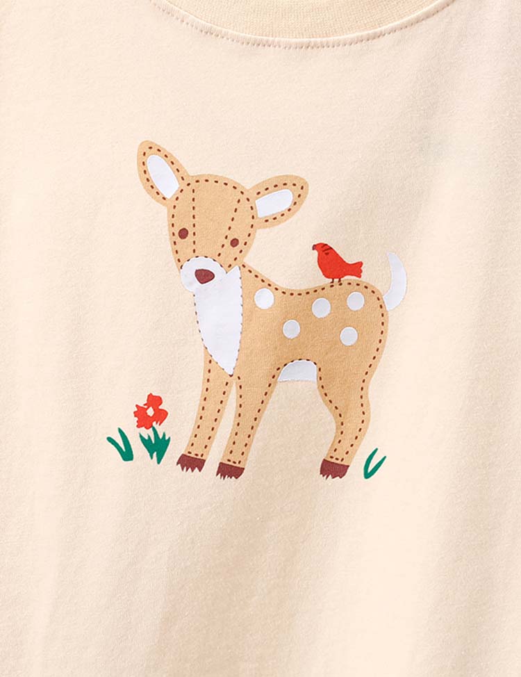 Deer and Bird Printed Long-Sleeved T-shirt