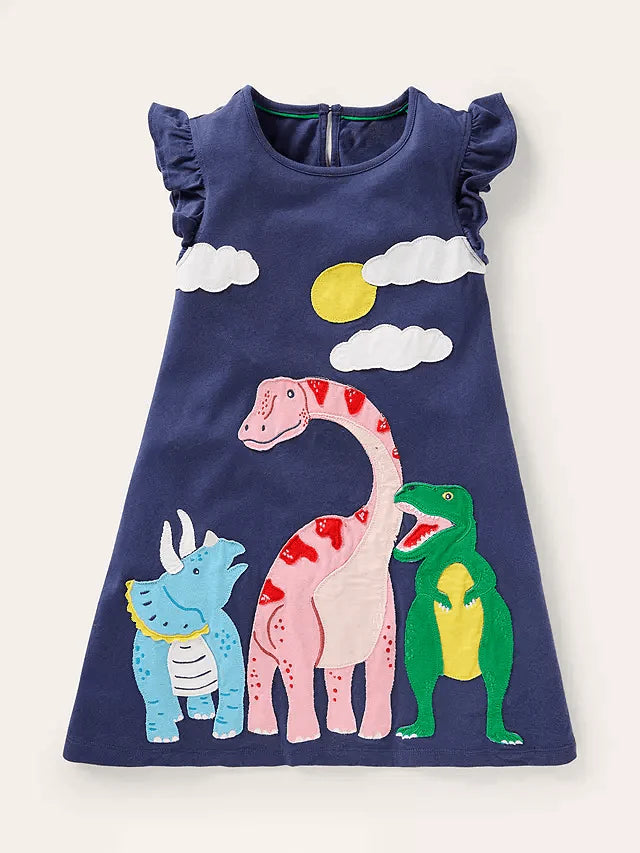 Baby Girl Dinosaur Appliqué Flutter-sleeve Dress - CCMOM