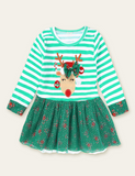 Christmas Elk Appliqué Bow Striped Mesh Dress