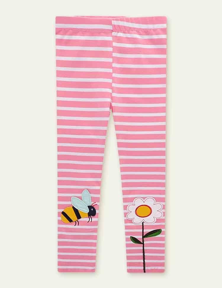 Bee&Flower Appliqué Knitted Striped Leggings - CCMOM