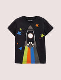 Boy Cartoon Rocket Appliqué Short Sleeves Tee